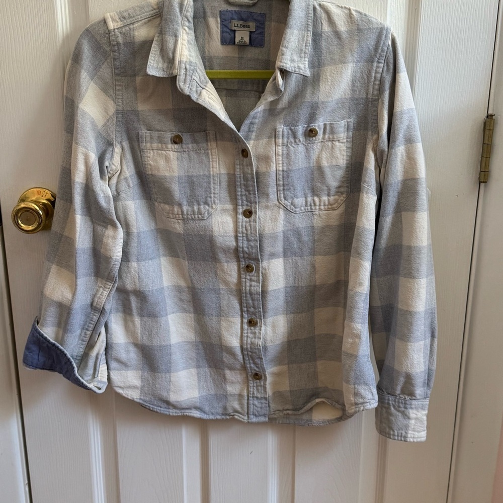 LL Bean Blue and White Plaid Button-Up Shirt